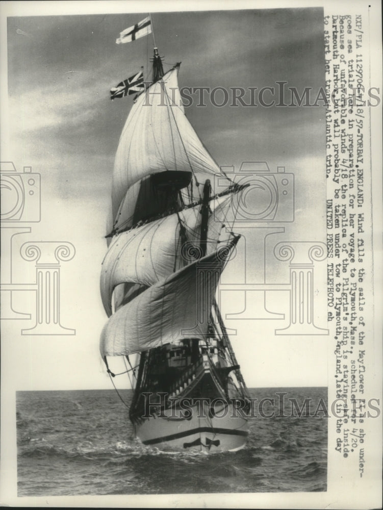 1957 Press Photo Mayflower II sea trials in Torbay, England, to sail to Plymouth- Historic Images