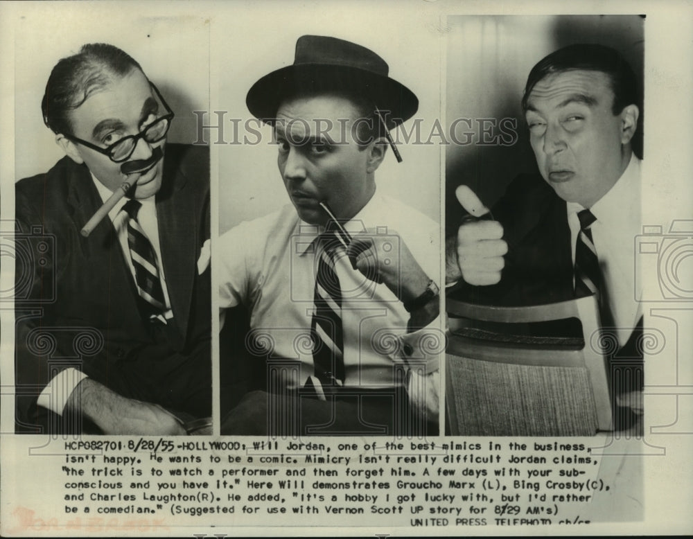 1955 Press Photo Will Jordan mimics some famous Hollywood personalities.- Historic Images