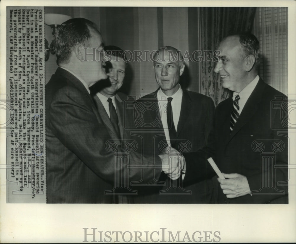 1965 Press Photo Vice President Hubert Humphrey congratulates Donald Russell- Historic Images