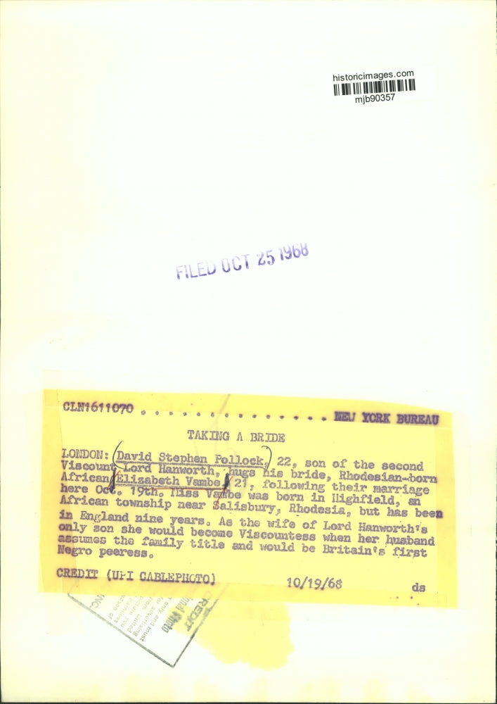 1968 Press Photo London: David Stephen Pollock and Elizabeth Vambe, wedding
