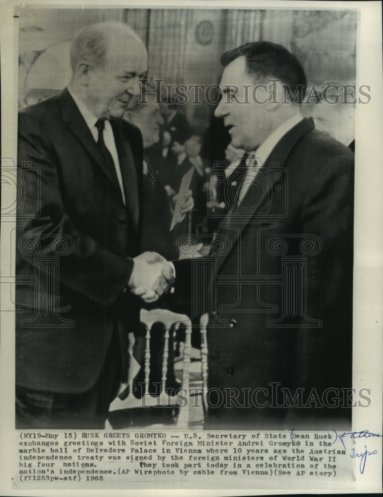 1965 Press Photo U.S. Secretary of State Dean Rusk greets Minister Gromyko- Historic Images