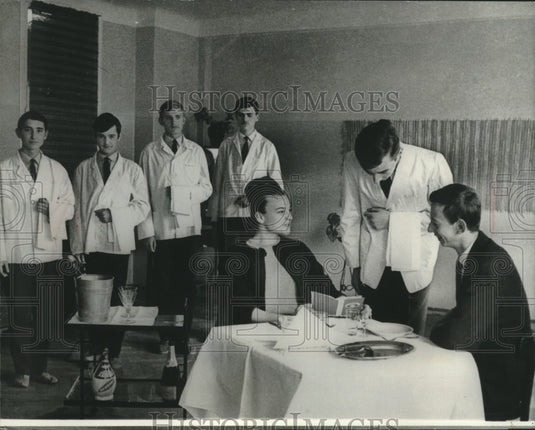 1966 Press Photo Hospitality students practice waiting etiquette in Poland- Historic Images