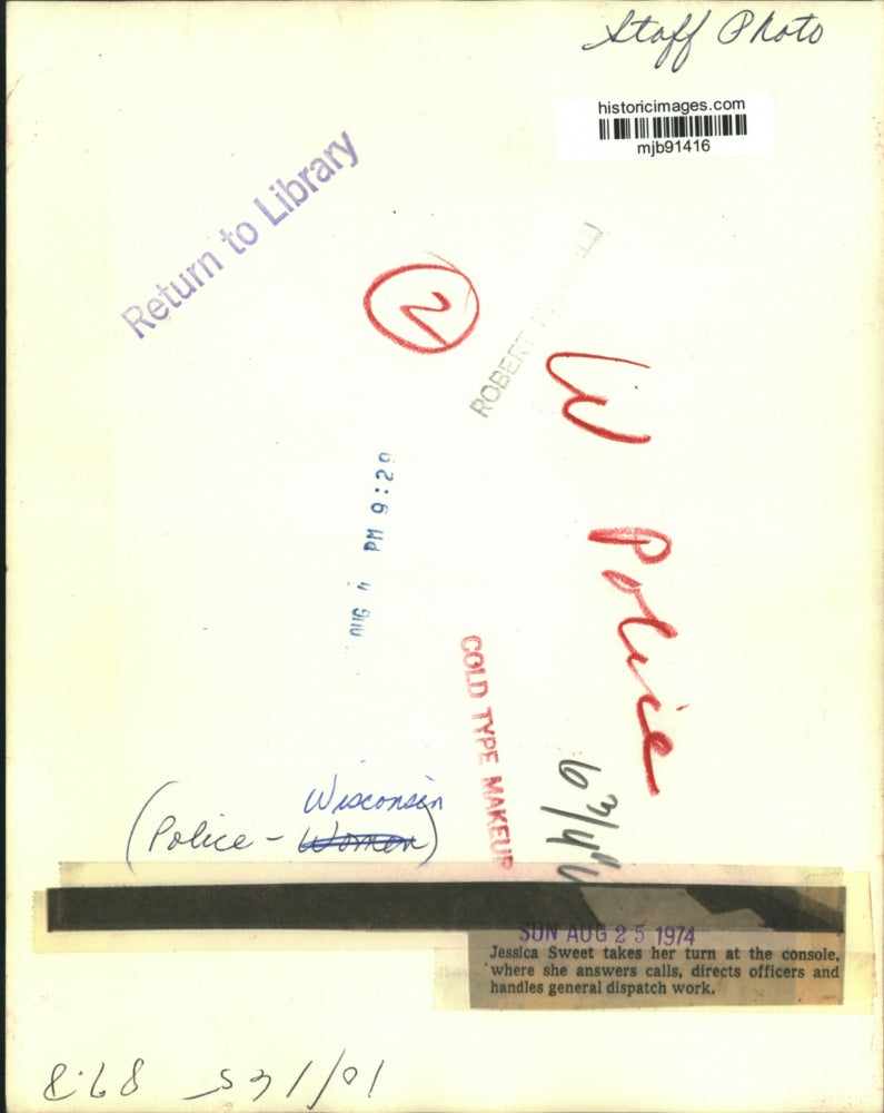 1974 Press Photo Jessica Sweet at police dispatch console, Wisconsin