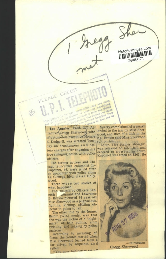 1958 Press Photo Gregg Sherwood, wife of automobile executive Horace E. Dodge II