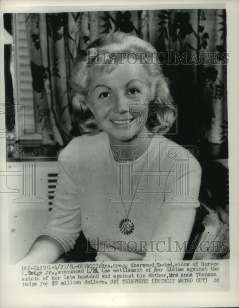 1964 Press Photo Mrs. Greg Sherwood Dodge announced husband&#39;s estate settlement- Historic Images