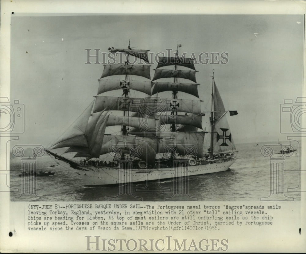 1956 Press Photo Portuguese barque Segres, Torbay England tall ship competition- Historic Images