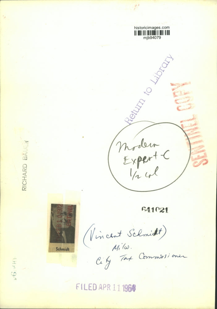 1964 Press Photo Vincent Schmit, Milwaukee City Tax Commissioner - mjb94079