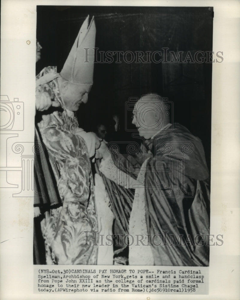 1958 Press Photo Francis Cardinal Spellman of New York with Pope John XXIII- Historic Images