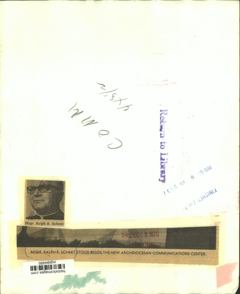 1970 Press Photo Msgr. Ralph Schmit beside new archdiocesan communication center