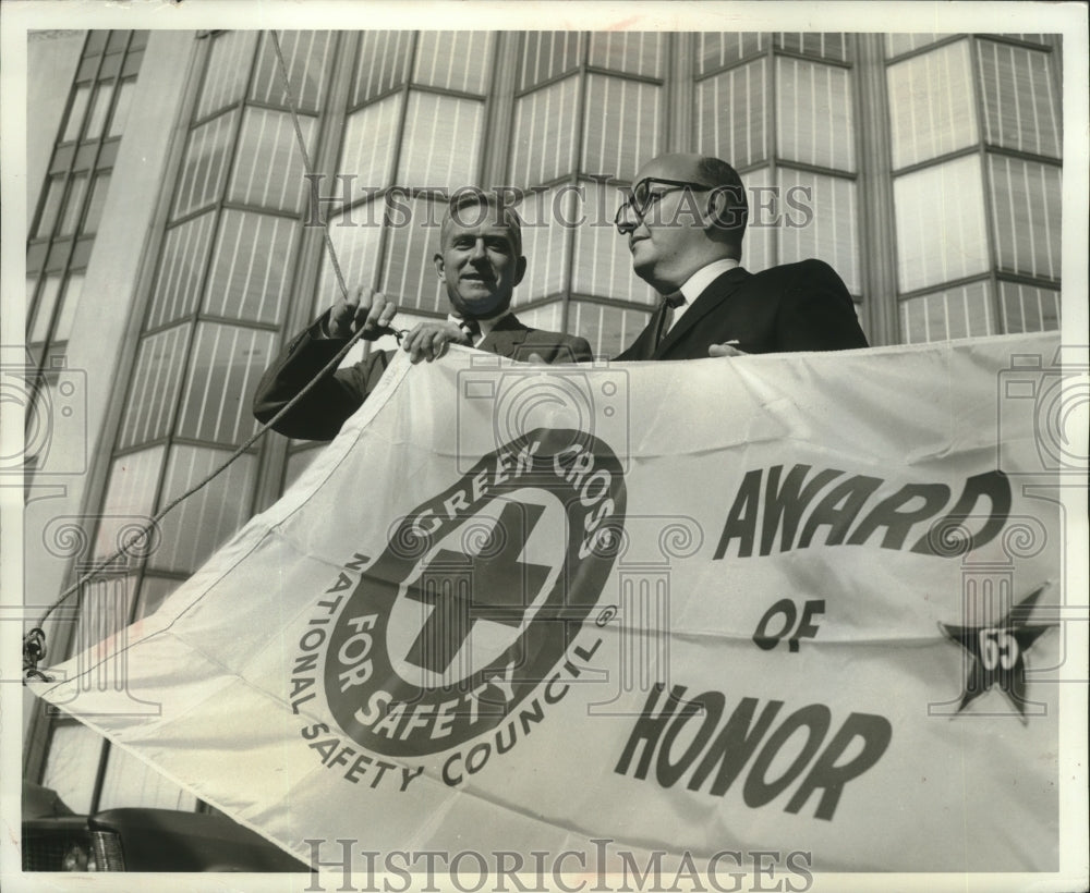 1966 Press Photo Award of honor banner is displayed at A.O. Smith Corp.- Historic Images