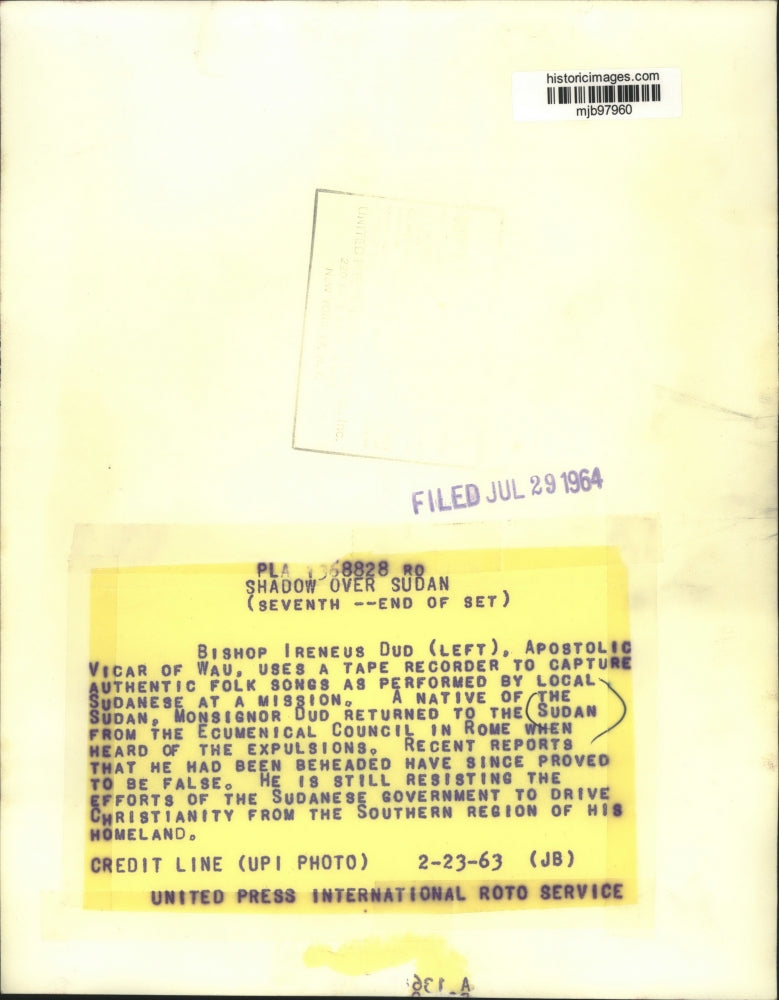 1963 Press Photo Bishop Ireneus Dud, Apostolic Vicar of Wau, Sudanese mission