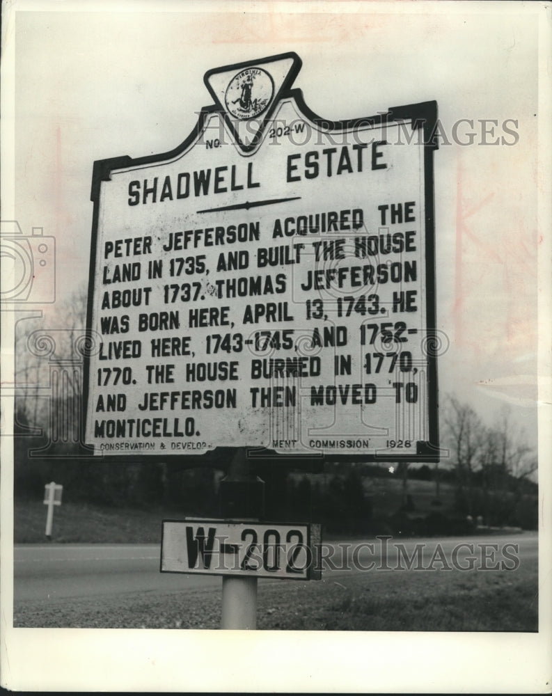 1964 Press Photo Shadwell Estate Sign describing Thomas Jefferson Homestead- Historic Images