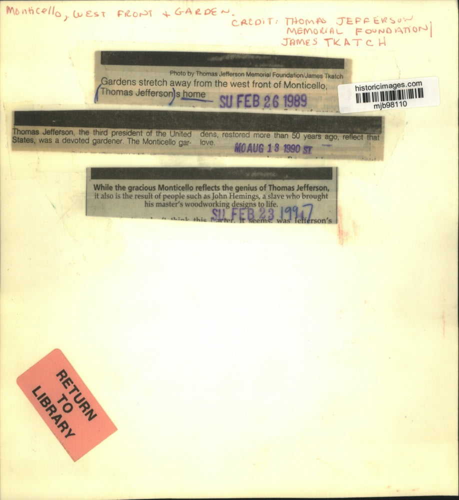 1989 Press Photo Monticello, west and front garden, Thomas Jefferson Home