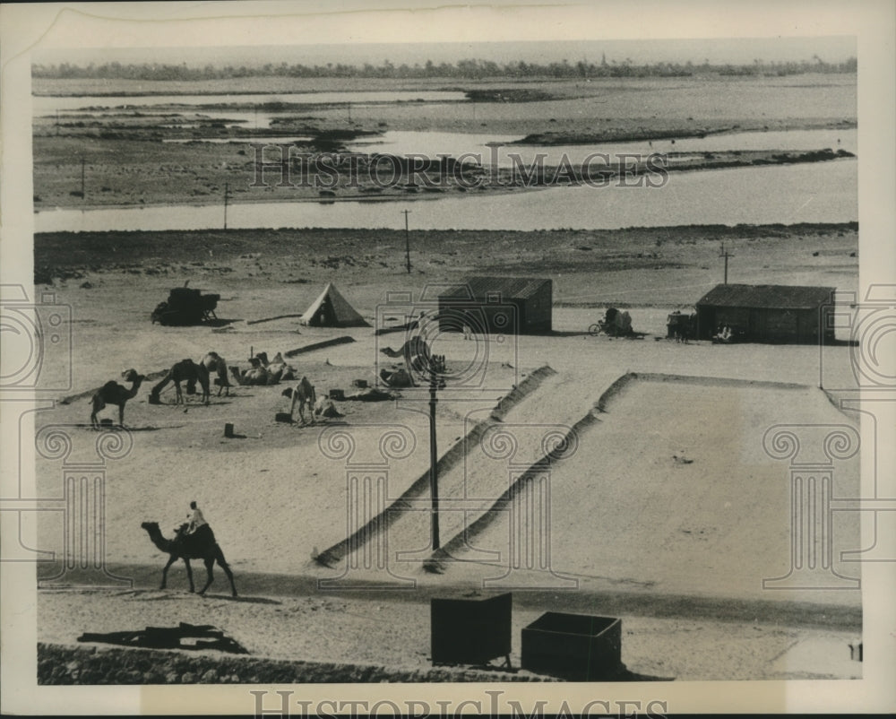 1940 Press Photo Employees with Canal Corporation pitching tents at Suez Canal.- Historic Images