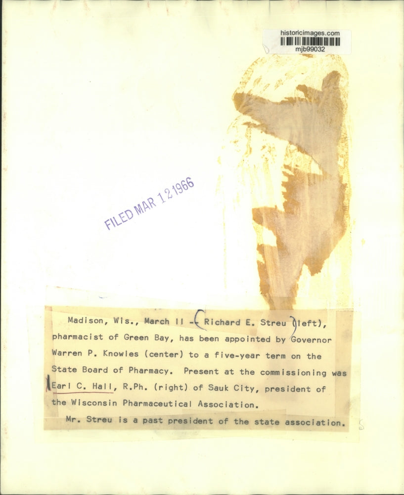 1966 Press Photo Streu appointed to State Board of Pharmacy, Madison, Wisconsin