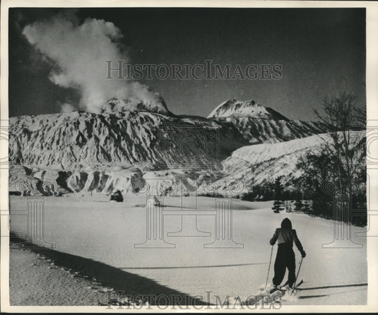 1952 Press Photo Person skiing on active volcano in Hokkaido, Japan. - mjb99299- Historic Images
