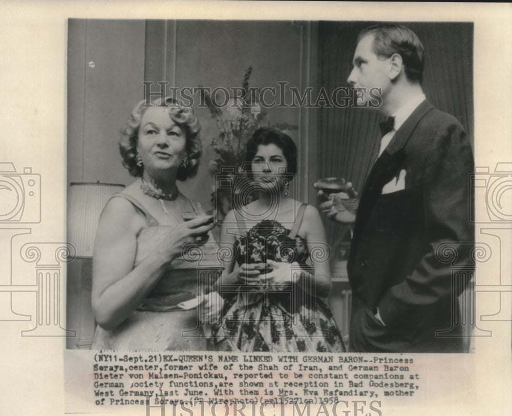 1958 Press Photo Princess Soraya, Mother, and Baron Dieter Von Malsen, Germany- Historic Images