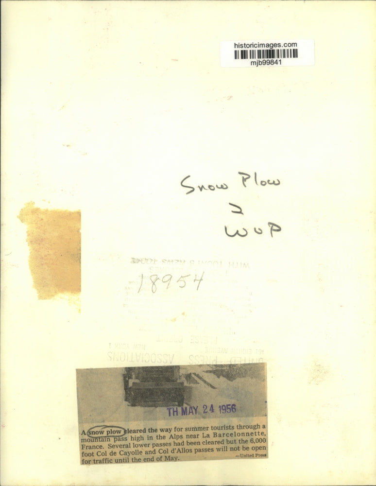 1956 Press Photo Snow plow cleared the way in the Alps near La Barcelonnette