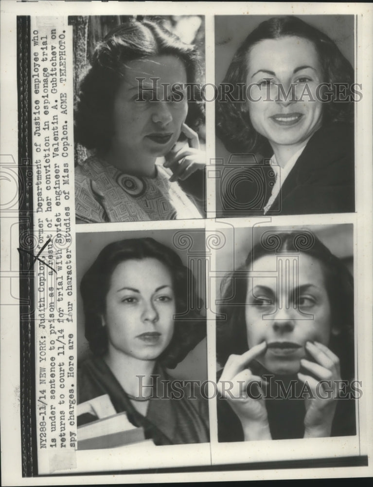 1949 Press Photo Four character photos of convicted spy, Judith Coplon, New York- Historic Images