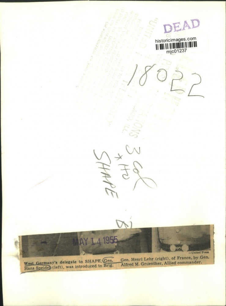 1955 Press Photo Gen. Hans Speidel, Brig. Gen. Henri Lehr and Alfred Gruenther