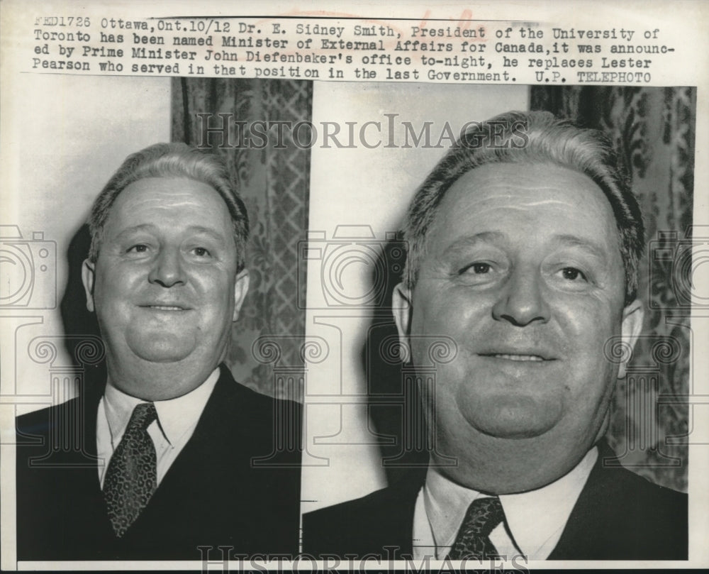 1957 Press Photo Dr. E. Sidney Smith, the Minister of External Affairs in Canada- Historic Images