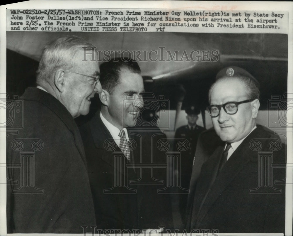 1957 Press Photo French Prime Minister met by State Secretary and Vice President- Historic Images