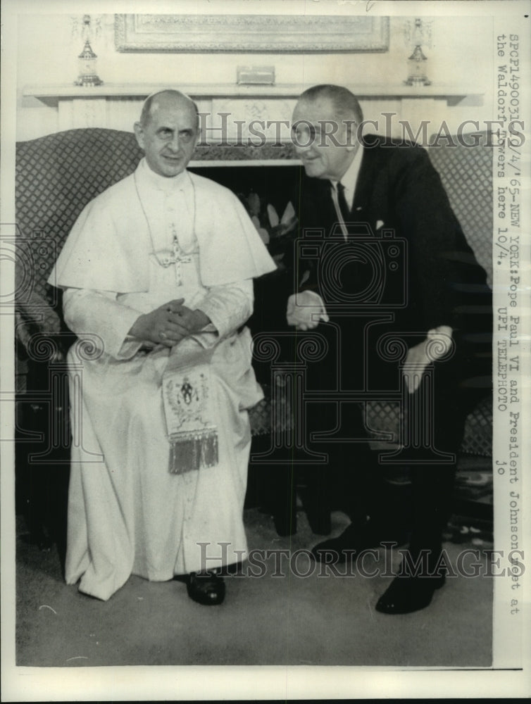 1965 Press Photo Pope Paul and President Johnson at Waldorf Towers, New York.- Historic Images