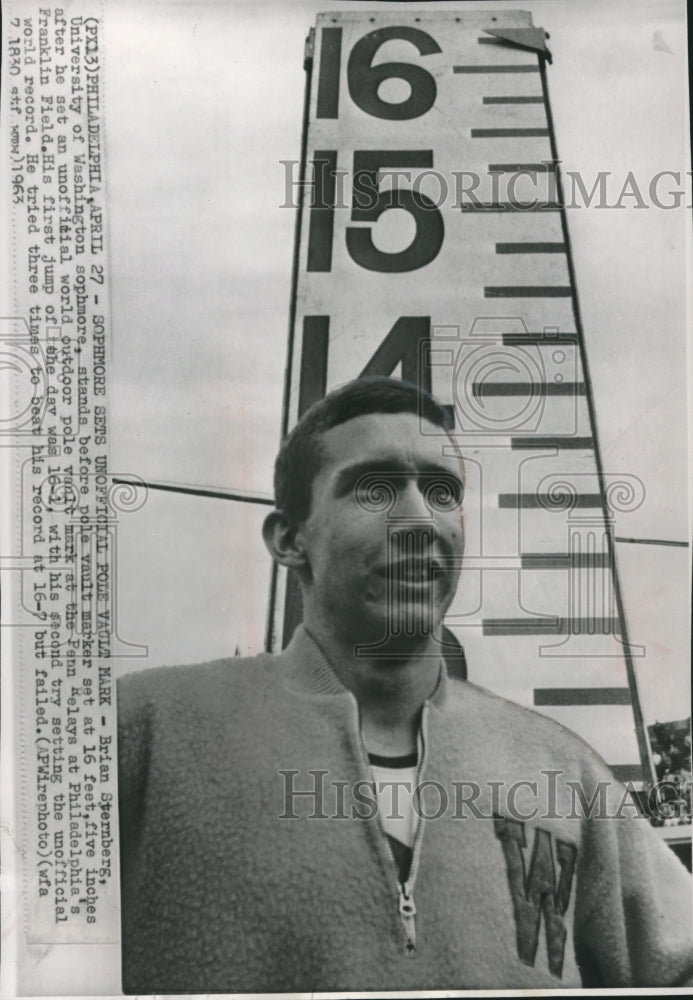 1963 Press Photo Brian Sternberg shown at pole vault marker, Philadelphia.- Historic Images