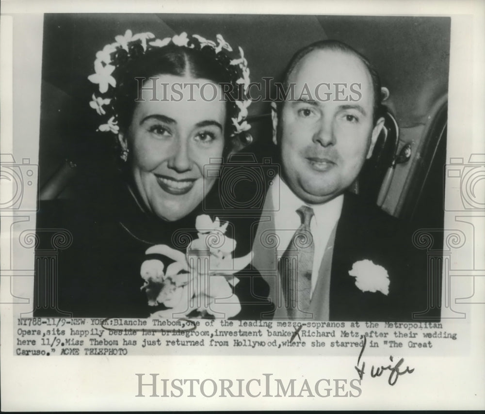 1950 Press Photo Blanche Thebom and Richard Metz on their wedding day- Historic Images