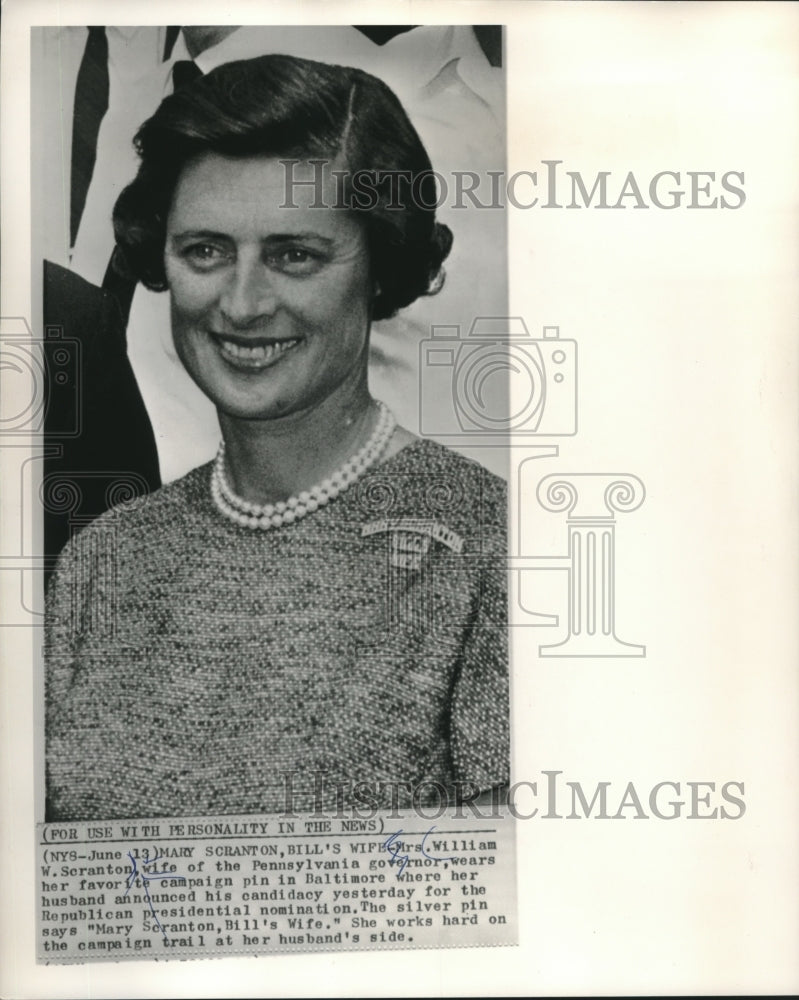 1964 Press Photo Mary Scranton, wife of William Scranton, in Baltimore MD- Historic Images