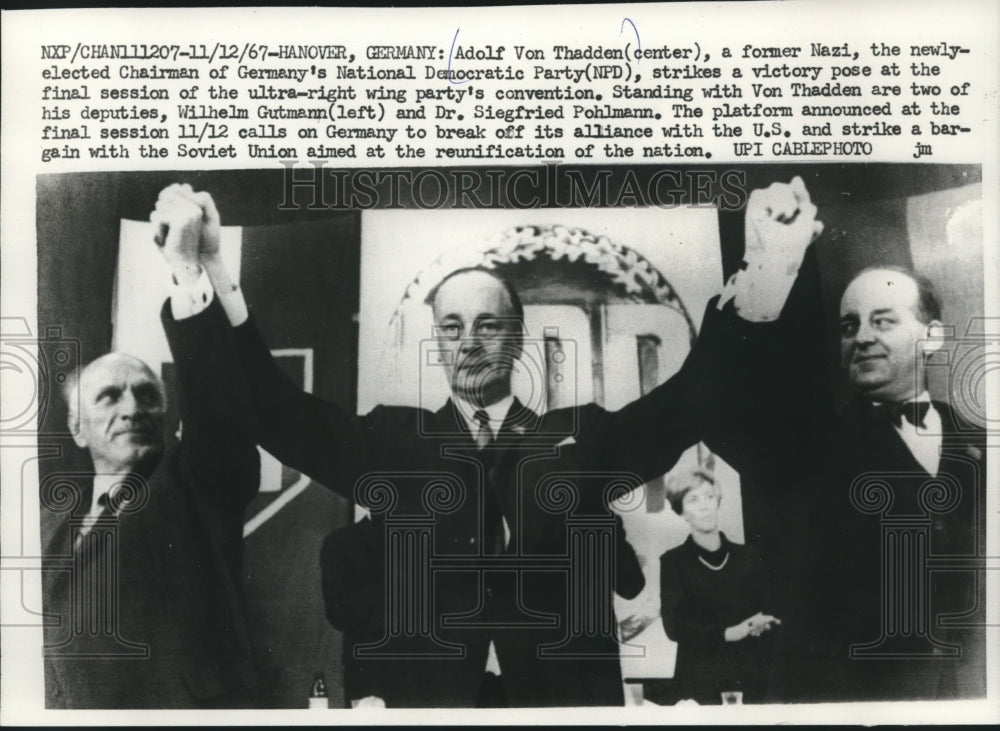 1967 Press Photo Adolf Von Thadden With Wilhelm Gutmann and Siegfried Pohlmann- Historic Images