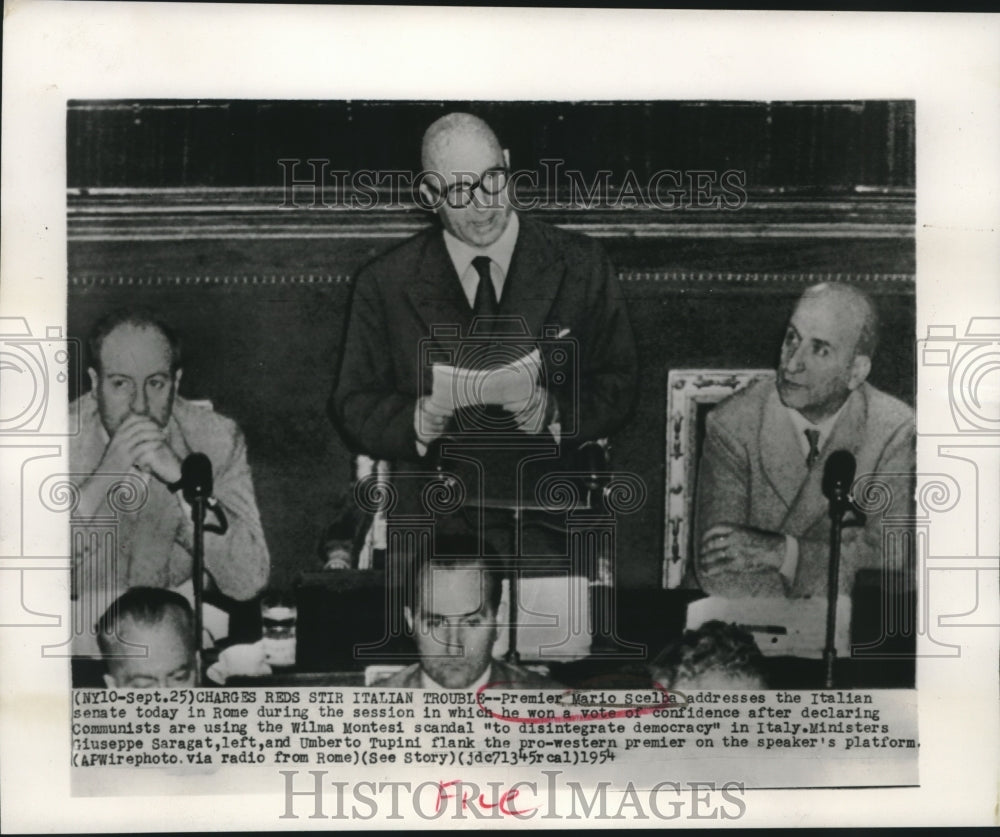 1954 Press Photo Premier Mario Scelba addresses Italian senate in Rome- Historic Images