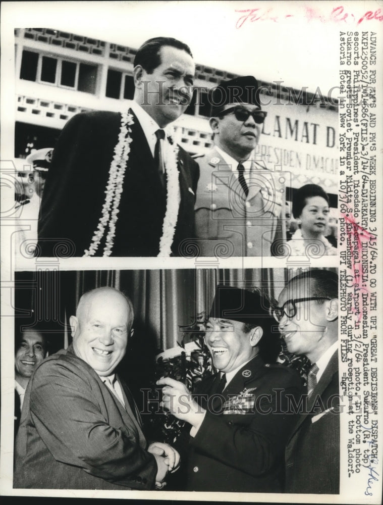 1964 Press Photo Indonesia&#39;s Pres. Sukarno with Philippine and Soviet leaders- Historic Images