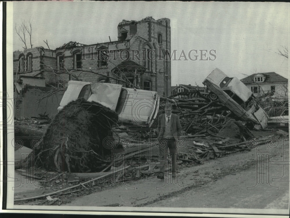 1968 Press Photo Destroyed church, overturned cars, trees, Charles City, Iowa