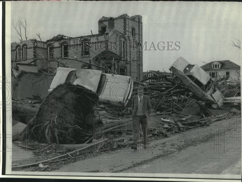 Load image into Gallery viewer, 1968 Press Photo Destroyed church, overturned cars, trees, Charles City, Iowa
