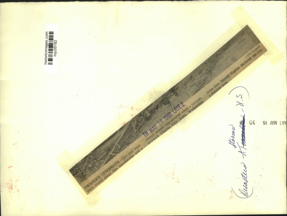 1968 Press Photo Destroyed church, overturned cars, trees, Charles City, Iowa