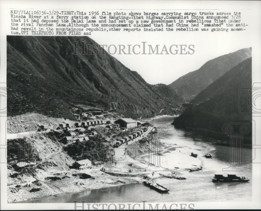 1956 Press Photo Barges carrying trucks across Kinsha River Tibet - mjc05407- Historic Images