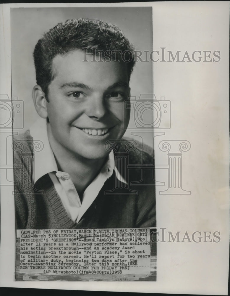 1958 Press Photo Russ Tamblyn Receives Nomination For "Peyton's Place"- Historic Images