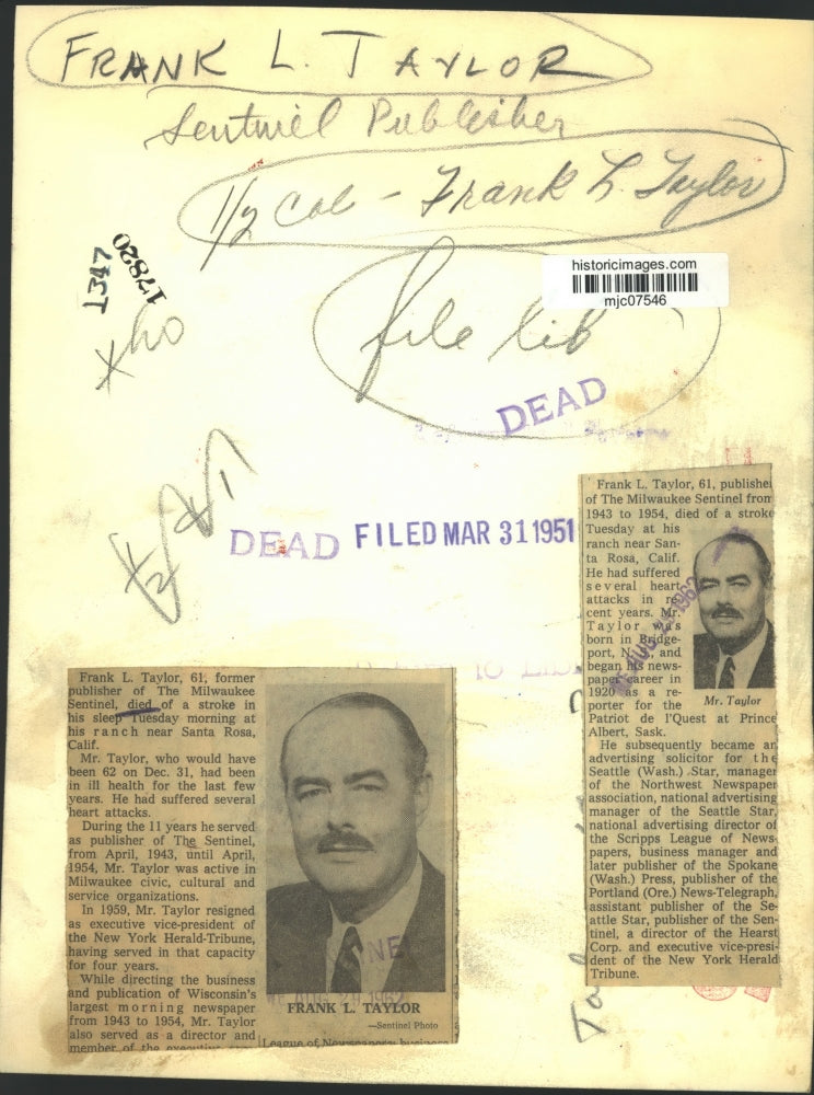 1962 Press Photo Former Milwaukee Sentinel publisher Frank L. Taylor - mjc07546