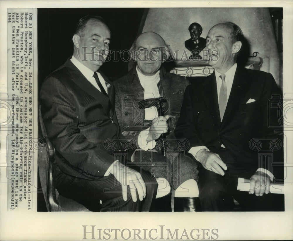 1964 Press Photo UN Ambassador Adlai Stevenson at Ben Franklin play New York- Historic Images