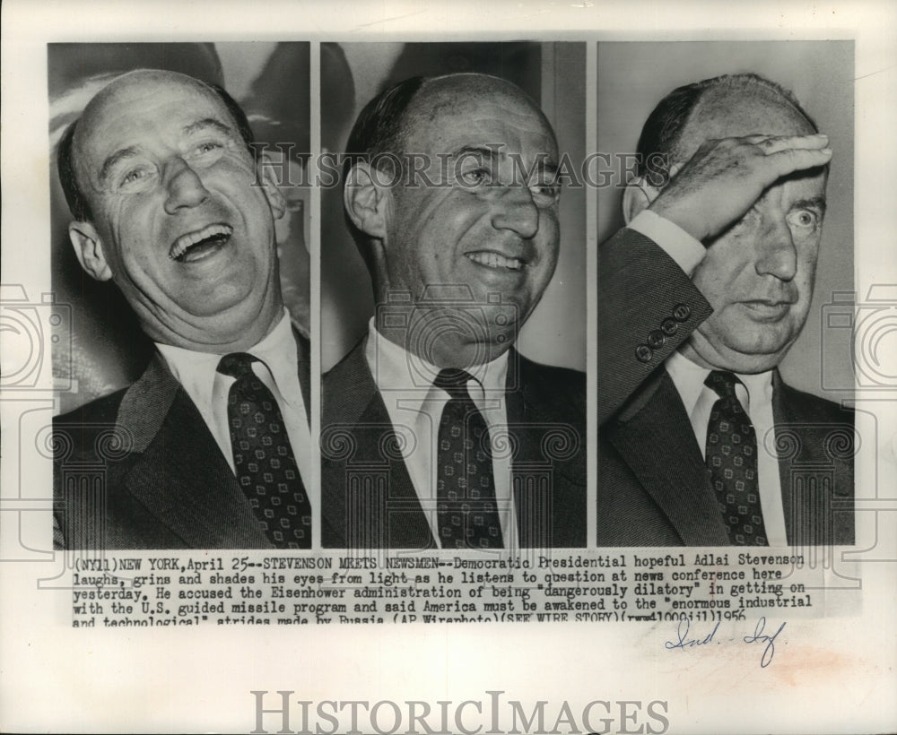 1956 Press Photo Adlai Stevenson during an interview with the press in New York- Historic Images