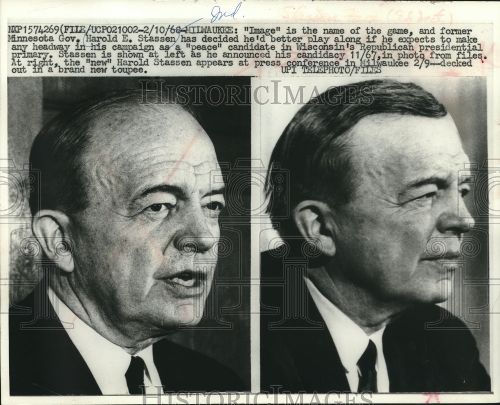 1967 Press Photo Former Minnesota Governor Harold Stassen sports new toupee