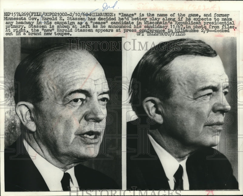 Load image into Gallery viewer, 1967 Press Photo Former Minnesota Governor Harold Stassen sports new toupee
