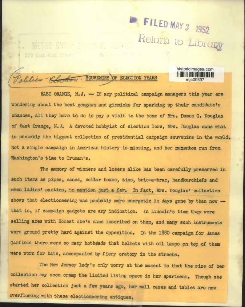 1952 Press Photo Large Presidential Campaign Souvenirs Collection in New Jersey