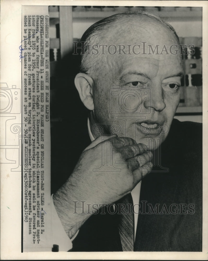 1963 Press Photo Harold E. Stassen at nuclear test ban interview, Pennsylvania