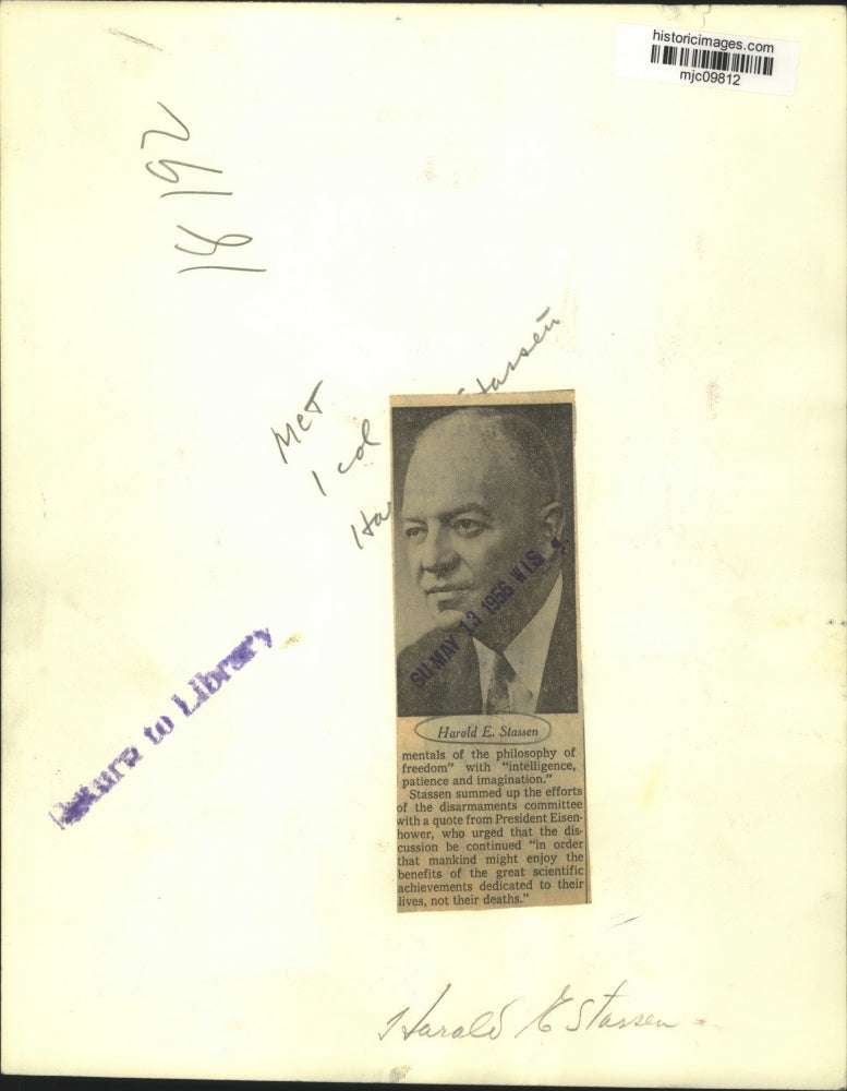 1956 Press Photo Harold E. Stassen - mjc09812