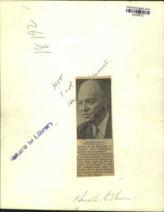 1956 Press Photo Harold E. Stassen - mjc09812