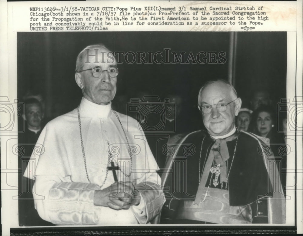 1958 Press Photo Pop Pius XII, Samuel Cardinal Stritch, Vatican City - mjc11463- Historic Images