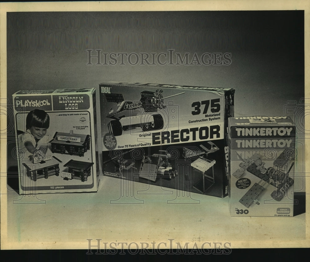 1985 Press Photo Playskool Lincoln Log, Erector sets and Tinker Toys - mjc11966- Historic Images