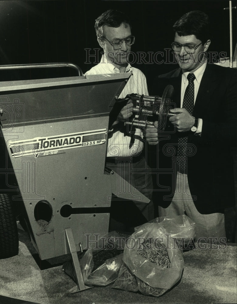 1966 Press Photo Herb Baker, Tm Ginski with chipper-shredder, Tornado Products- Historic Images